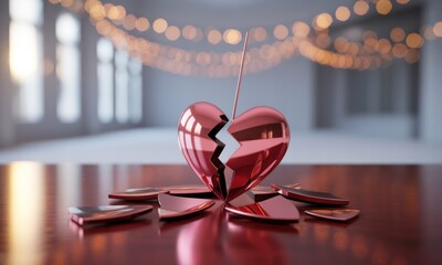 A shattered metallic heart impaled by a needle on a reflective surface, blurred background