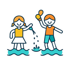 Two children playing water games on the beach illustration