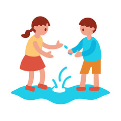 Children playing in a puddle of water illustration