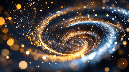 Vibrant white gold and silver digital vortex of particles and light swirls symbolizing futuristic technology data flow and dynamic energy in a colorful modern style with space for text