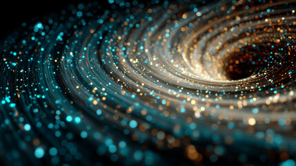 Vibrant white gold and silver digital vortex of particles and light swirls symbolizing futuristic technology data flow and dynamic energy in a colorful modern style with space for text