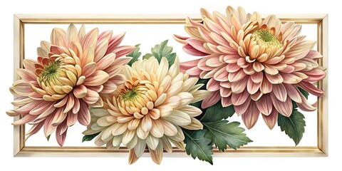 Elegant arrangement of pastel Chrysanthemums in a modern rectangular frame on white