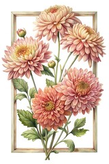Elegant floral arrangement featuring peach chrysanthemums in a light wooden frame