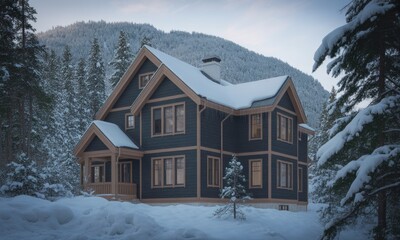 A snow-covered home nestled amid evergreens, with mountain backdrop and a frosted roof