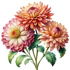 A Trio of Artistic Dahlias in Full Bloom on a White Background