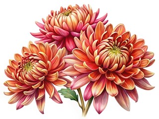 Vibrant Chrysanthemums in Full Bloom, a Detailed Botanical Illustration on White