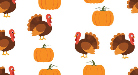 Happy thanksgiving autumn harvest celebration food icons pumpkins turkeys table dinner meal vector