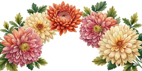 Watercolor Illustration of Beautiful Chrysanthemums in Various Shades with Green Leaves