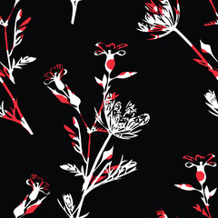 Seamless floral pattern, classic flower ornament, abstract ditsy print in vintage motif. Elegant botanical design of beautiful large wild flowers, leaves, small branches, herbs. Vector illustration.