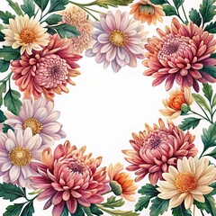 Elegant floral frame with chrysanthemum flowers and green leaves watercolor art