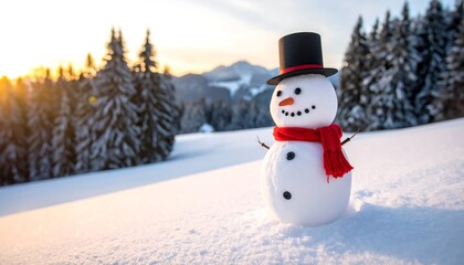 Naklejka premium A cheerful snowman stands proudly amidst a snow-covered landscape. The winter scene showcases snow-laden trees, a red scarf, and a classic black top hat