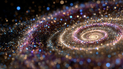 Vibrant white gold and silver digital vortex of particles and light swirls symbolizing futuristic technology data flow and dynamic energy in a colorful modern style with space for text