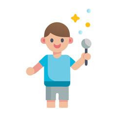 Illustration of boy holding microphone with stars and bubbles