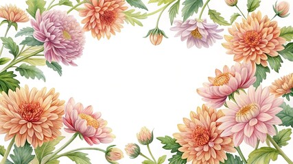 Delicate watercolor frame with vibrant chrysanthemum flowers and green leaves