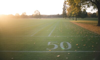 A sunlit, empty sports field, focus on the 50-yard line with tree-lined edges