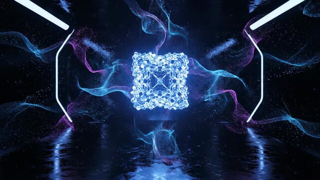 Abstract digital core pulsates with luminous energy, forming a mesmerizing futuristic gateway amidst dynamic swirling light particles in a captivating virtual realm