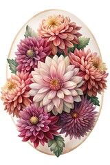 Elegant Watercolor Dahlia Bouquet in Oval Frame, A Floral Masterpiece