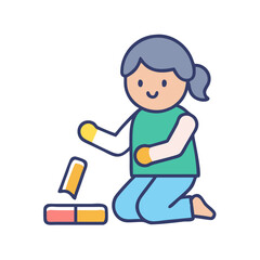 Child plays with building blocks isolated on black background