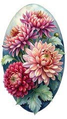 Watercolor Illustration of Pink and Red Chrysanthemums in an Oval Arrangement
