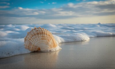 A sunlit seashell rests on a sandy beach, partly submerged in foamy ocean waves