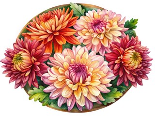 Watercolor painting of vibrant chrysanthemums with intricate petal details and warm colors