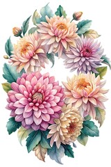 A delicate and beautiful watercolor painting of a colorful dahlia flower arrangement