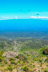 View of a hiker against mountans at Mount Kenya National Park in Kenya