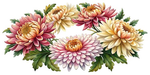 Artistic arrangement of chrysanthemum flowers in varying colors and leaf accents