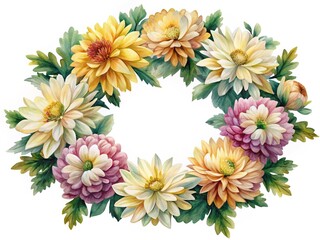 Watercolor Wreath of Chrysanthemums with Yellow, Pink, and Cream Flowers