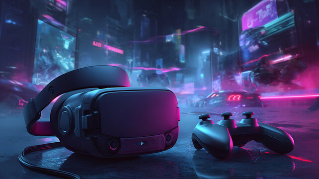 Virtual reality headset and controllers on a futuristic neon-lit cityscape for immersive gaming.