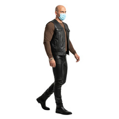 Fototapeta premium Man in Leather Attire Striding Forward with Health Protection on Isolated Transparent Field
