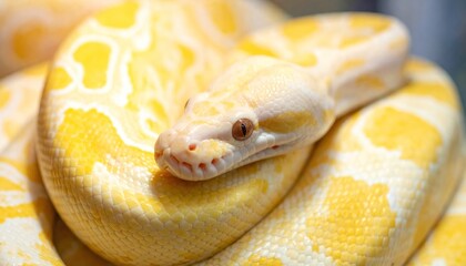 Fototapeta premium Yellow Albino Burmese Python Snake Close Up with Exotic Reptile.