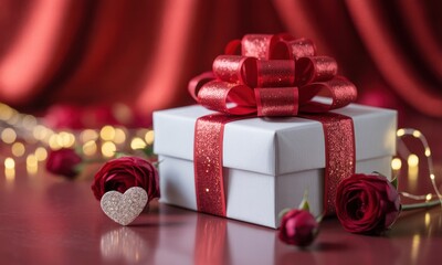 A white gift box with red ribbon and glitter bow, roses, and fairy lights on a red background