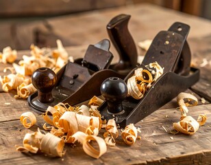 Two vintage woodworking planes on a rustic wooden workbench, surrounded by wood shavings