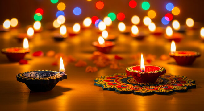 Diwali diyas glowing with warm light and bokeh background, celebrating the festival of lights