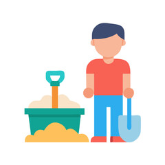 Boy with shovel and sand bucket flat illustration