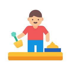 Boy playing with sand in box, flat vector illustration