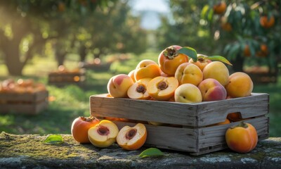 A wooden crate overflowing with ripe peaches and persimmons, orchard backdrop