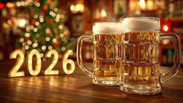Cheers to the Future: Two overflowing beer mugs toast a festive 2026. This photorealistic image captures the holiday spirit, the promise of the new year, and the warmth of a pub setting.
