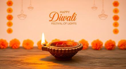 Happy diwali festival of lights greeting with a lit diya and marigold flower garland decoration