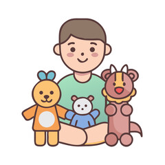 Child playing with stuffed animals in a cute illustration
