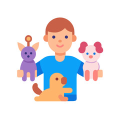 A cheerful boy with pet toys on black background