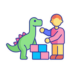 A child with dinosaur toy playing with building blocks