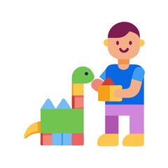 Young child playing with toy blocks building a dinosaur