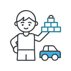 Child holding blocks, near toy car in minimalist style