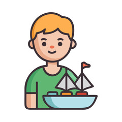 Young boy playing with a toy boat illustration icon
