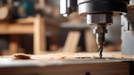 Close-up of a computer numerical control (CNC) machine milling wood in a workshop, showcasing precision and automated manufacturing.