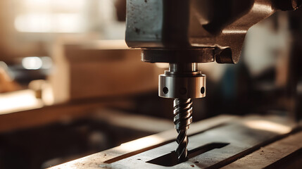 Precision drilling: A close-up showcases a metal drill bit ready for action, highlighting accuracy in manufacturing and metalworking.