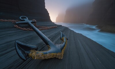 An old anchor lies on textured coastal rocks, with a misty sea and cliffs in the background