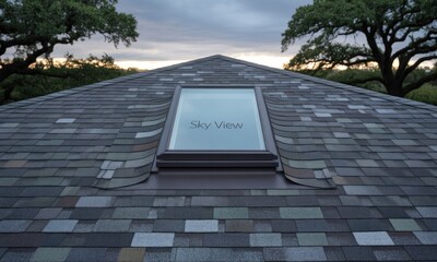 Angled roof with skylight, textured shingles. Trees frame the cloudy sky at dusk